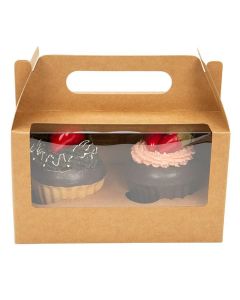 CBS173K Kraft Cupcake Box Set with Window and Handle (Double) - 7" x 4" x 4"