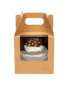 CBS57K Kraft Cupcake Box Set with Window and Handle (Single) - 4" x 4" x 4"