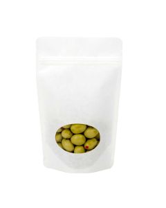 ZBGO3WK White Kraft Oval Window Stand Up Zipper Pouch – 5 1/8” x 3 1/8” x 8 1/8”