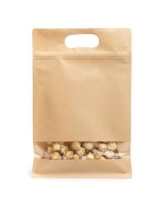 BBKW712 Box Bottom Zipper Handle Bag with Window (Kraft) - 7 7/8" x 3 1/2" x 11 7/8"