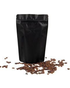 ZBGM7MBV Matte Black Metallized Stand Up Zipper Pouch with Valve - 5 7/8" x 3 1/2 x 9 1/8"